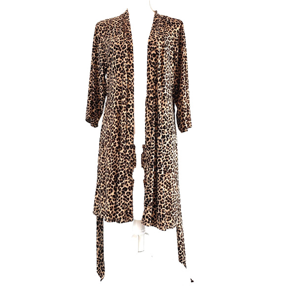Rene Rofe SIZE L Brown Cheetah Animal Print 3/4 Sleeve Tie Sleepwear Short Robe - Picture 9 of 11